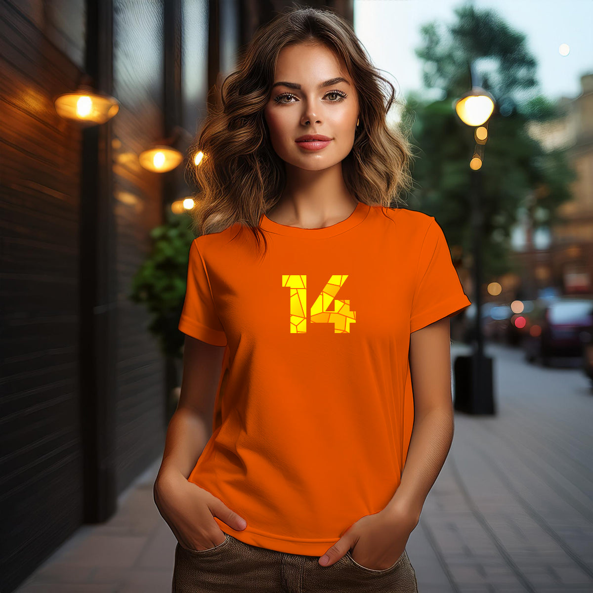 City Posters Plus 14 Number Women T-Shirt (Orange) | Stylish Numeric Graphic Tee