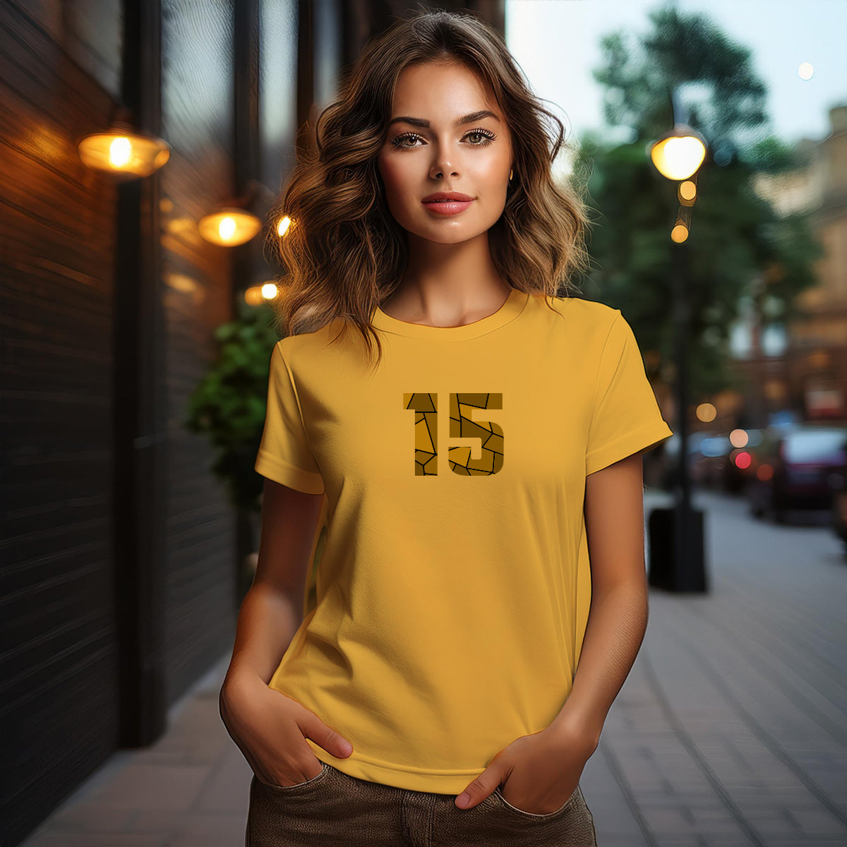 City Posters Plus 15 Number Women T-Shirt (Golden Yellow) | Stylish Numeric Graphic Tee
