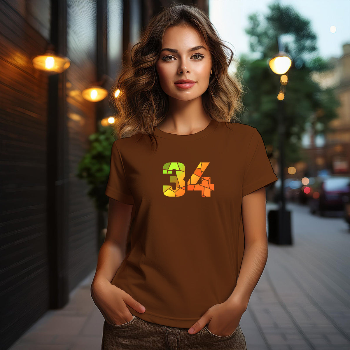 City Posters Plus 34 Number Women T-Shirt (Brown) | Stylish Numeric Graphic Tee