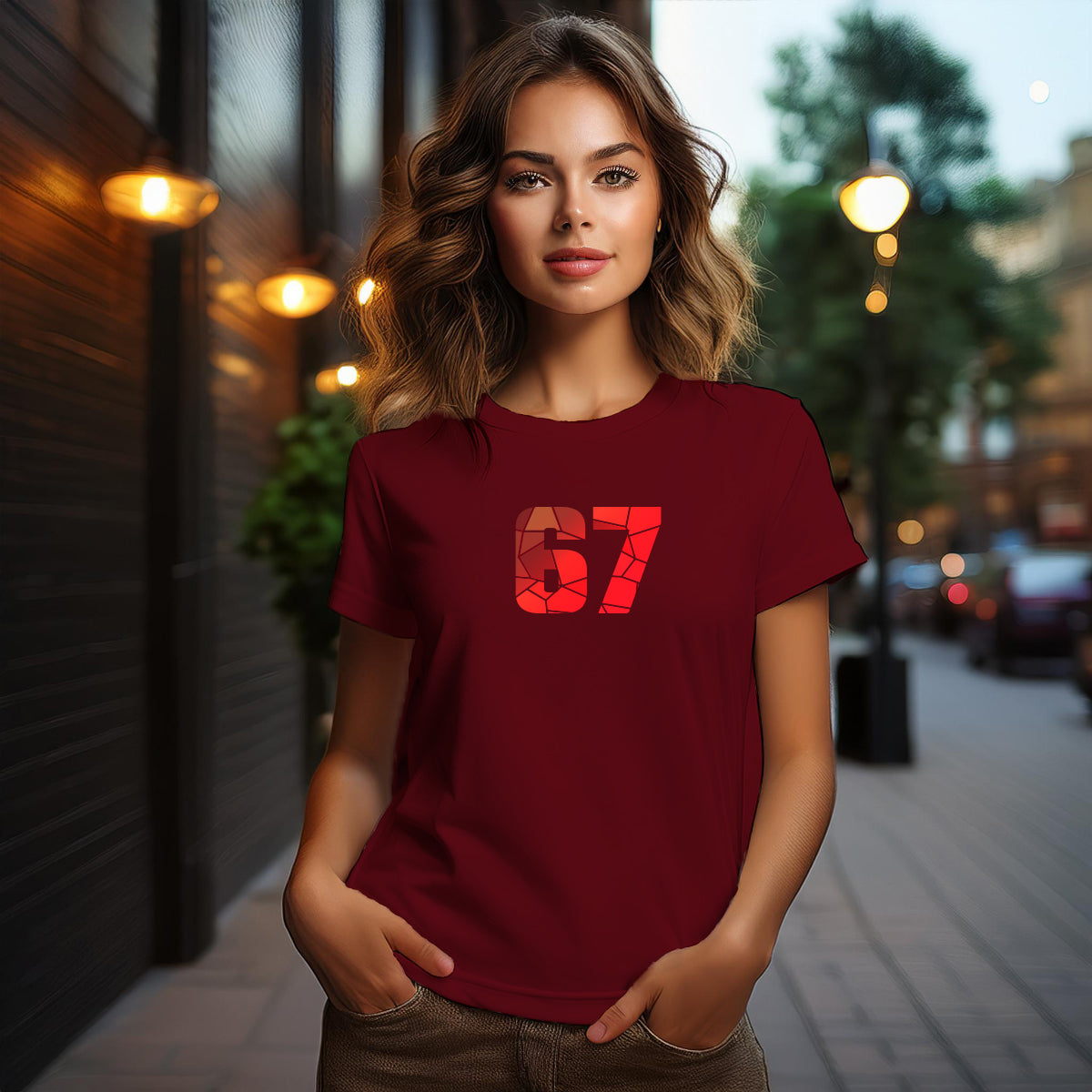 City Posters Plus 67 Number Women T-Shirt (Maroon) | Stylish Numeric Graphic Tee