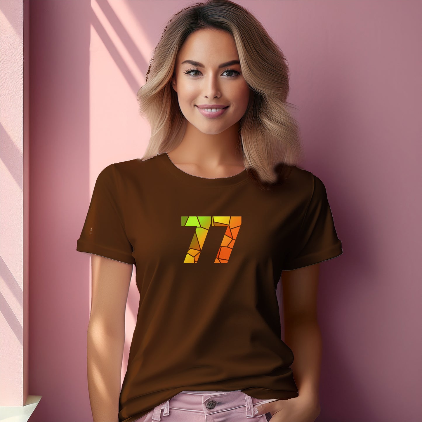 77 Number Women T-Shirt (Brown) | Stylish Numeric Graphic Tee