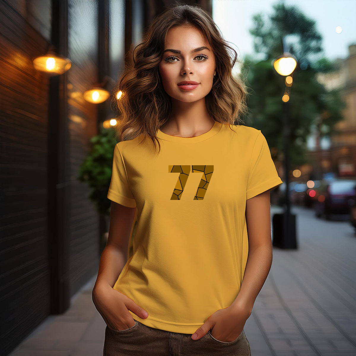 City Posters Plus 77 Number Women T-Shirt (Golden Yellow) | Stylish Numeric Graphic Tee