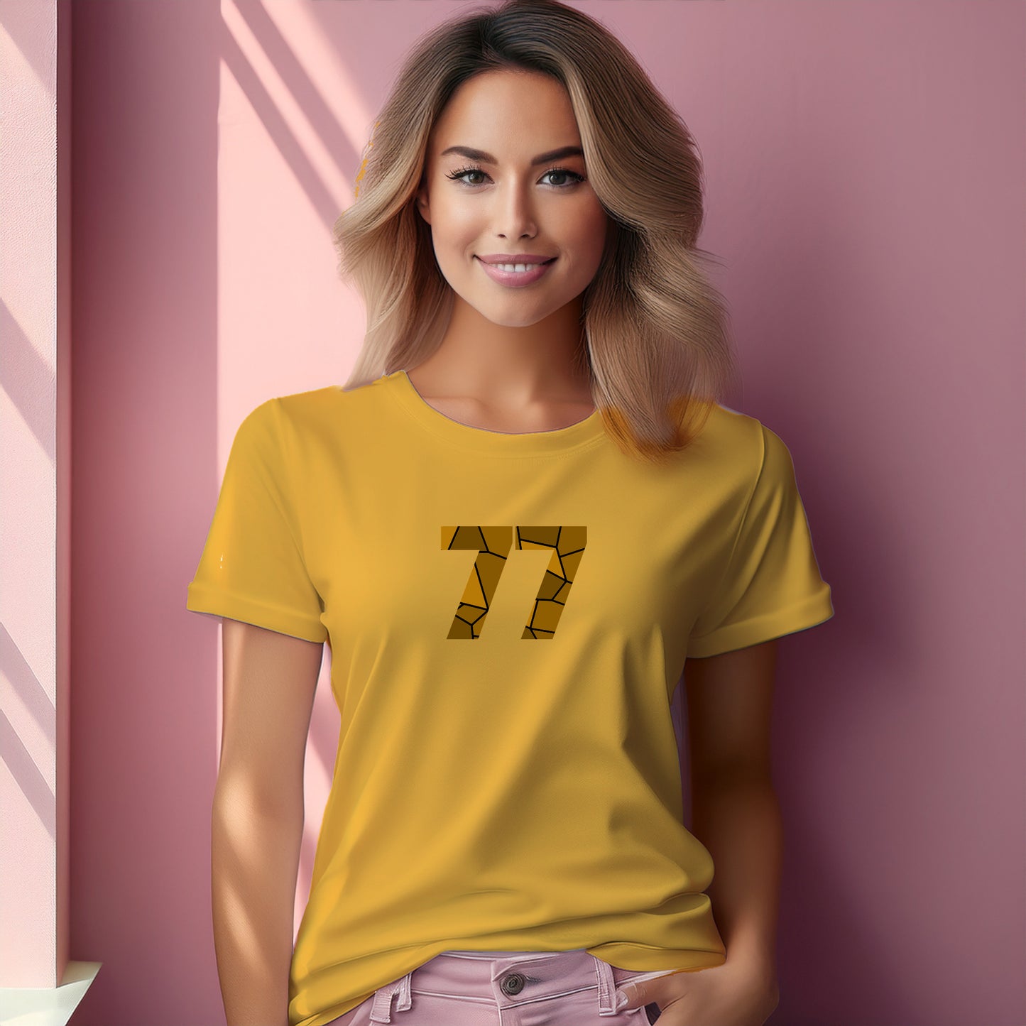 77 Number Women T-Shirt (Golden Yellow) | Stylish Numeric Graphic Tee