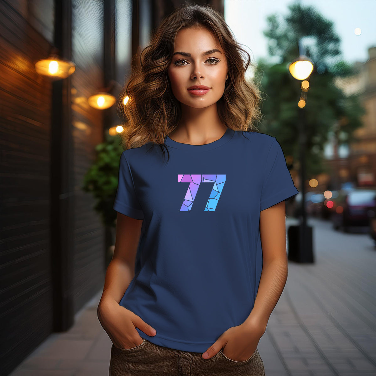City Posters Plus 77 Number Women T-Shirt (Navy Blue) | Stylish Numeric Graphic Tee
