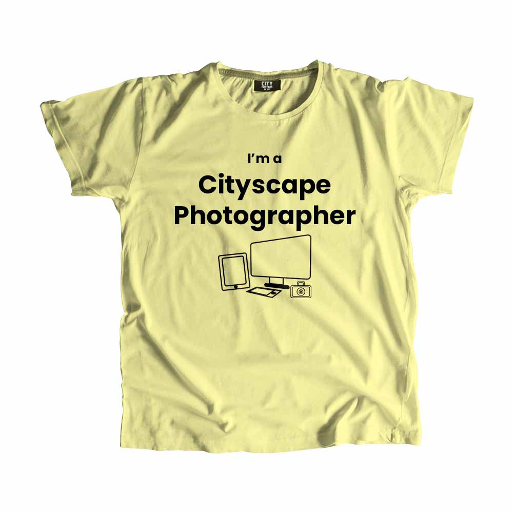 Cityscape Photographer Men Unisex T-Shirt (Butter Yellow) Technology Unisex T-Shirt | City Posters Plus