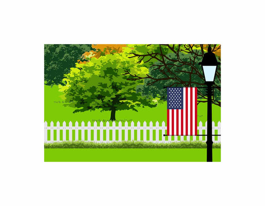United States Flags Trees Street Lamp Canvas Print Framed